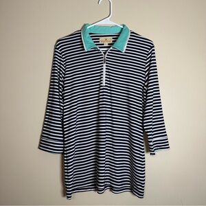 Sport Haley Women’s Striped 3/4 Polo Golf Shirt Aqua Collar Large Summer